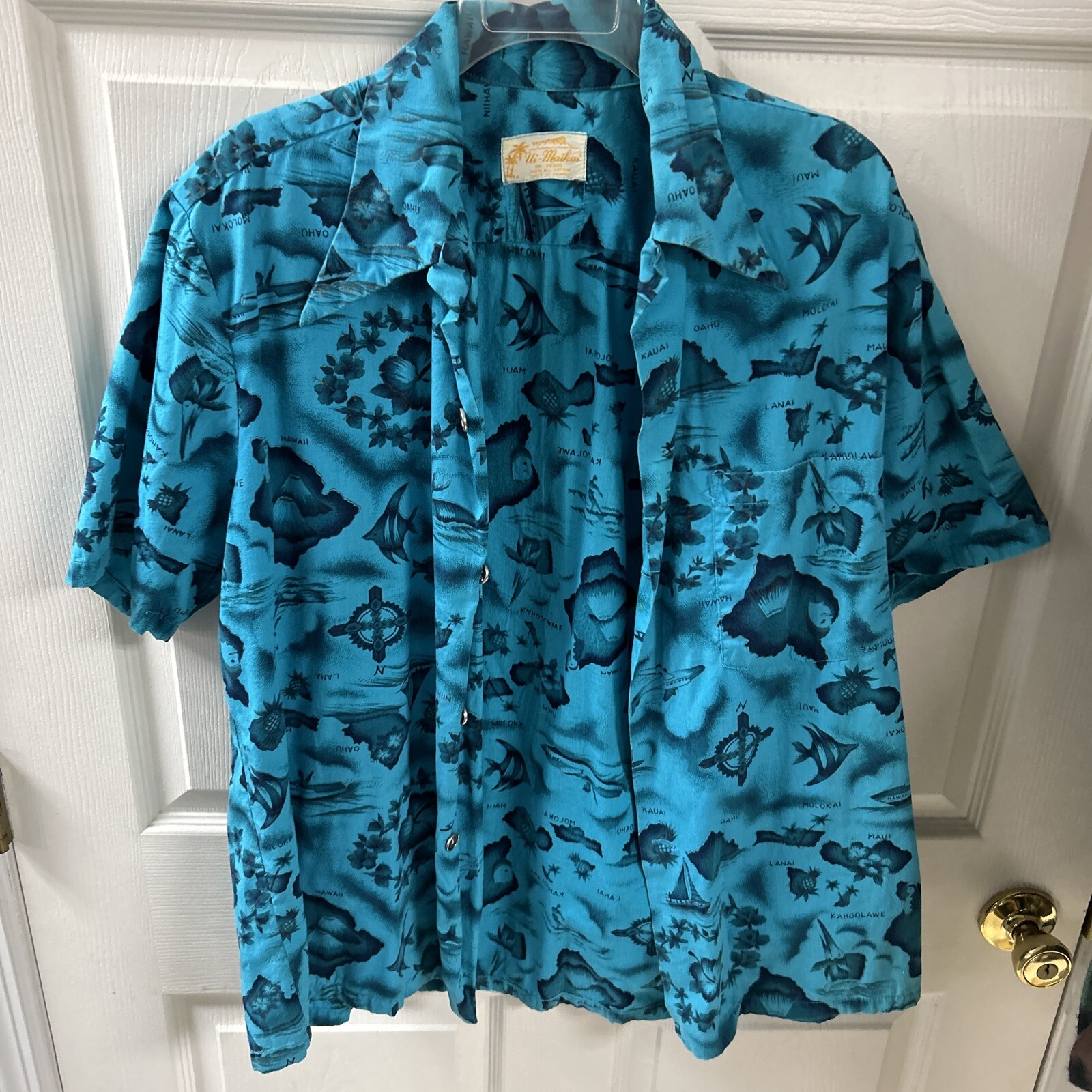 Vintage UI-MAIKAI Hawaiian Shirt Mens Large Blue Island Map Compass Floral 60s