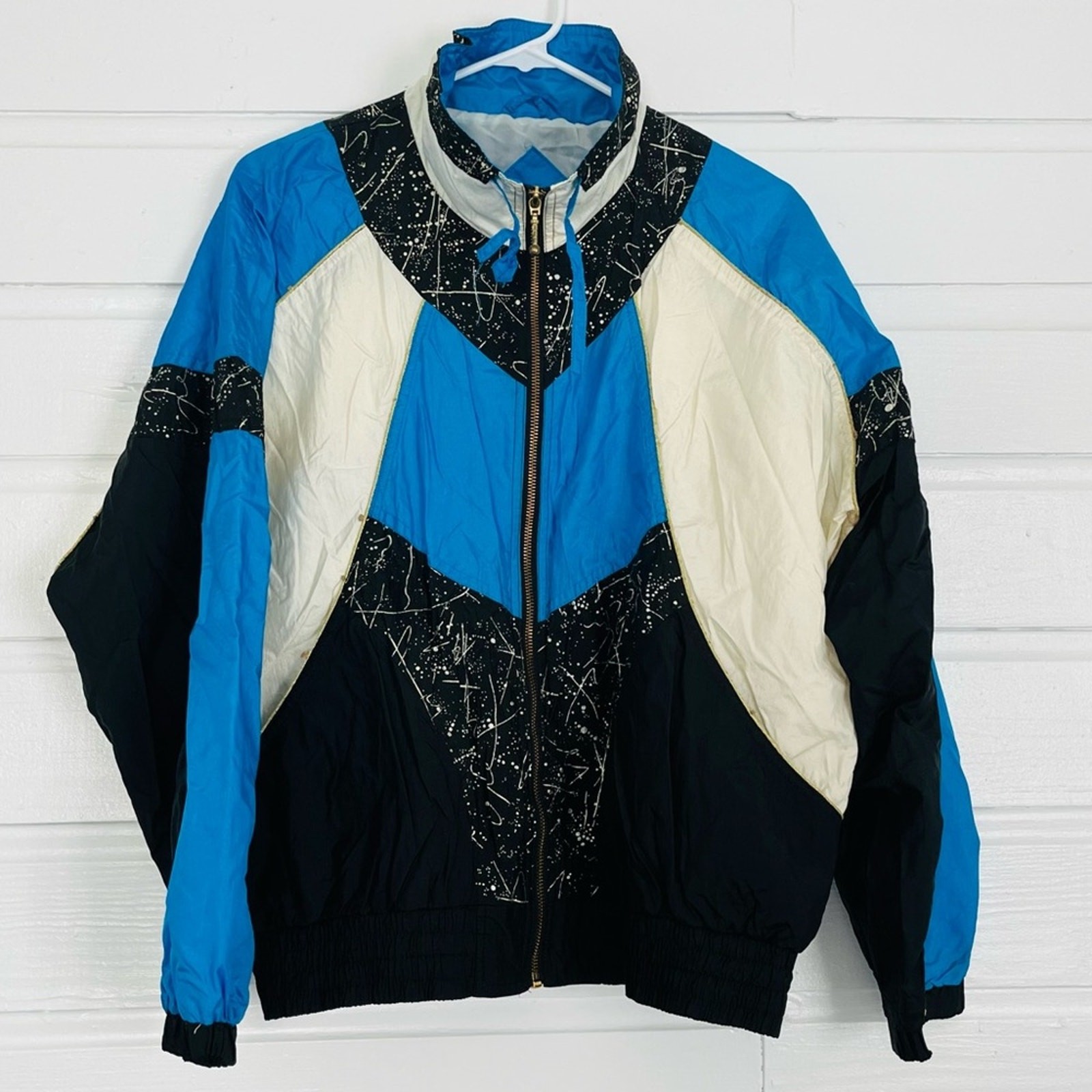 Vintage 90s Windbreaker Jacket Wacky Abstract Electric Blue Gold Black Splatter