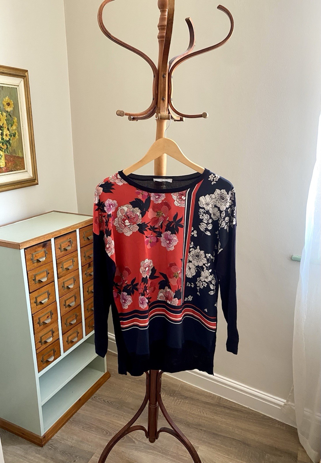 Oasis Red Floral Blouse Navy Jumper Contrast Top 100% Viscose Size Small
