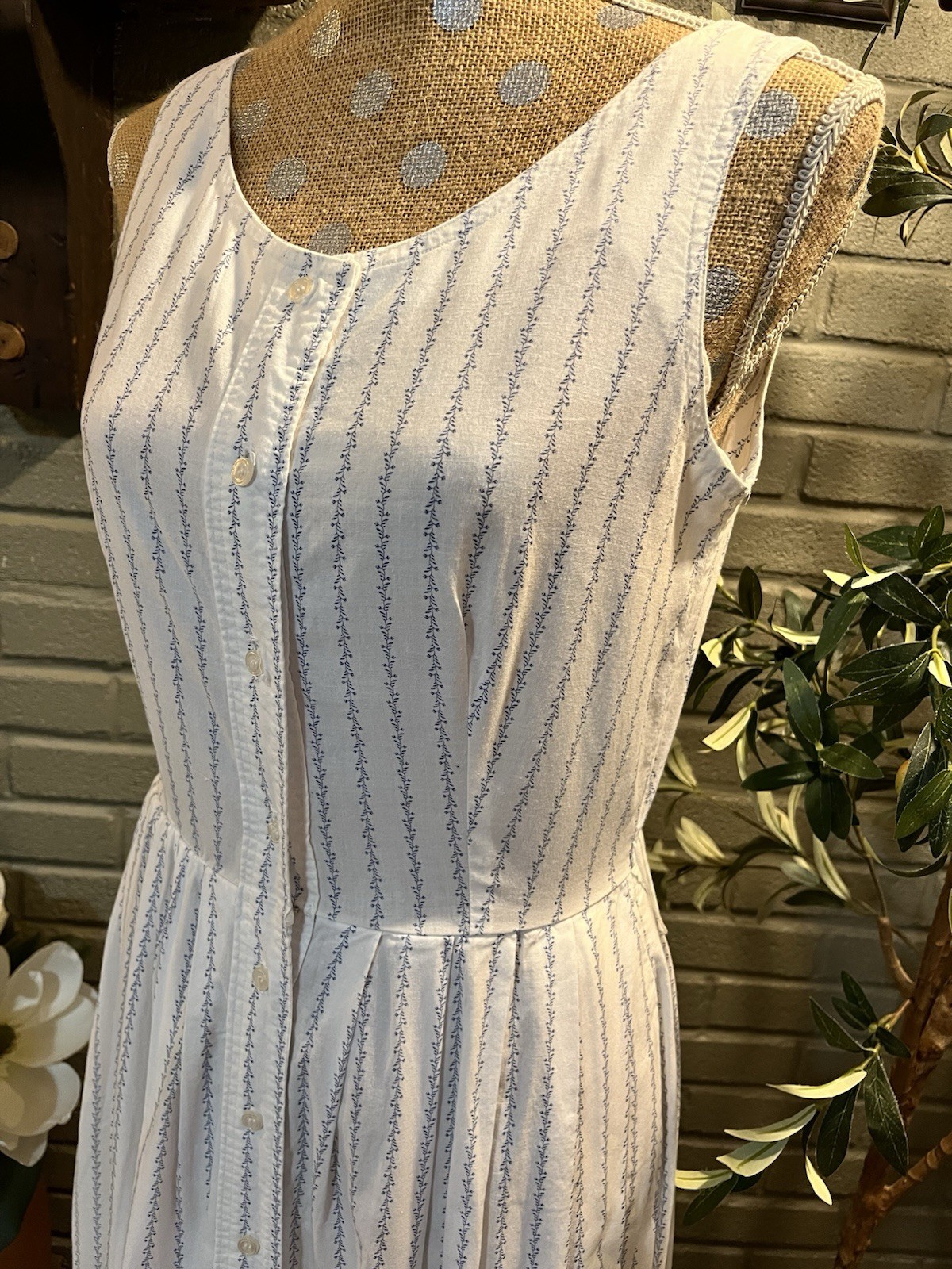 Vintage J.Crew 100% Cotton Blue & White Floral Stripe Button Front Midi Dress–10