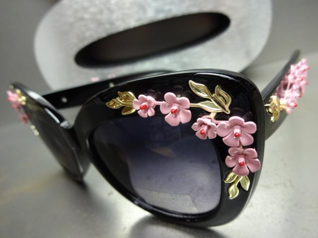 VINTAGE RETRO CAT EYE Style SUN GLASSES Black Frame Unique Floral Flower Design