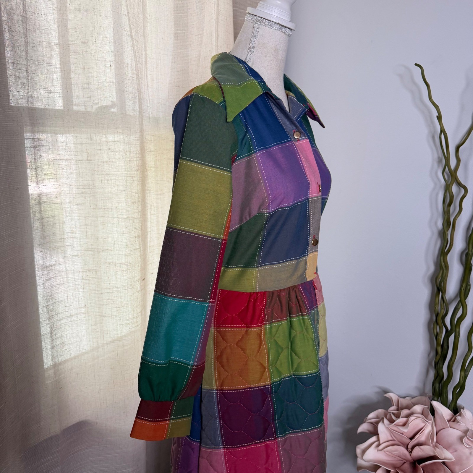 60s/70s Vintage Penneys Loungewear Quilted Rainbow Patchwork Maxi Dress Robe S