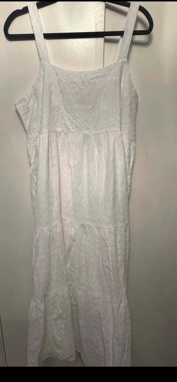 The Drop Britt Maxi Dress White Eyelet Tiered Square Neck Sleeveless Size L