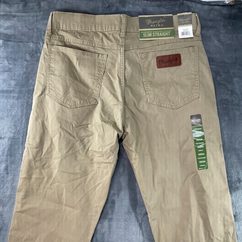 Wrangler Retro Slim Straight Pants Mens 32×34 Fawn NWT 5-Pocket Cowboy Western