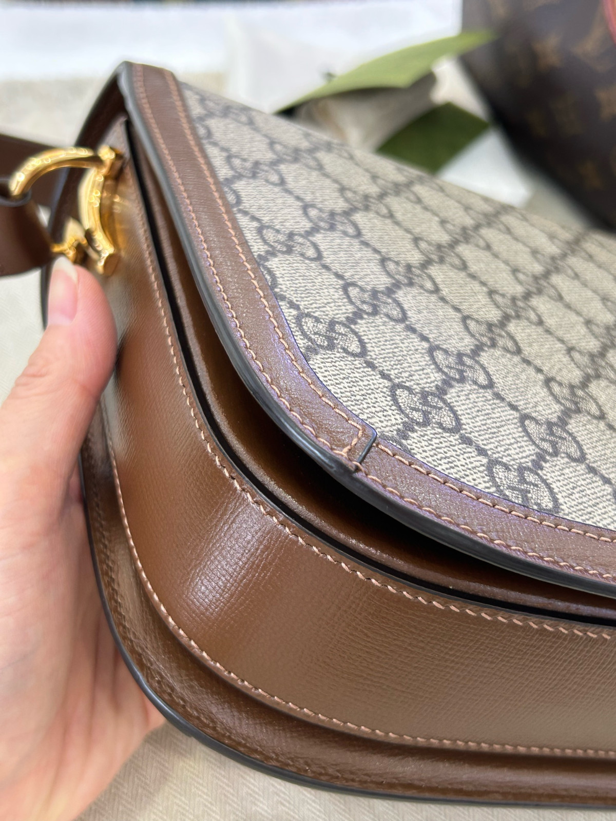 Authentic Gucci Horsebit 1955 GG Supreme Canvas and Leather Shoulder Bag Brown