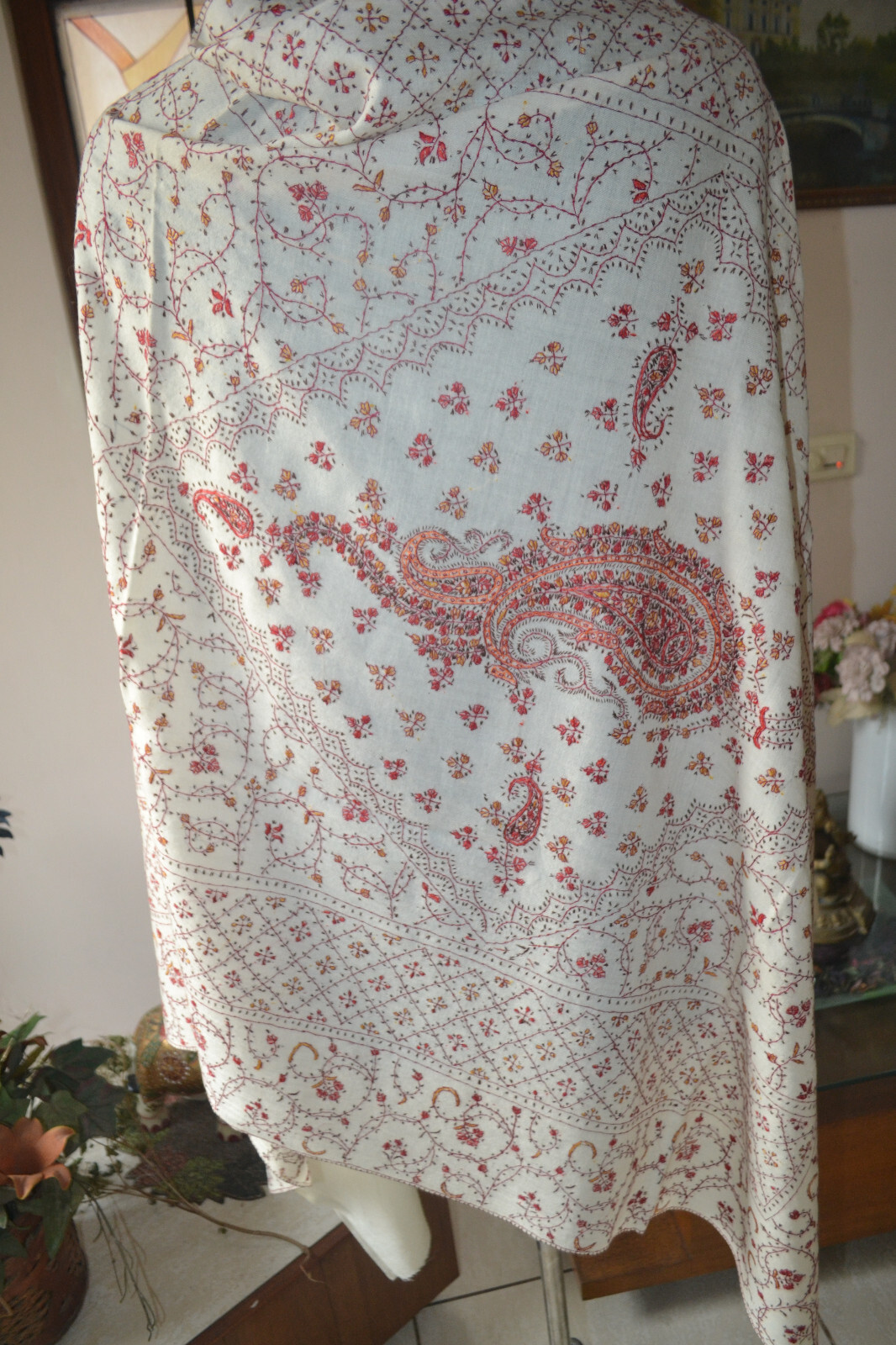 OFF-WHITE JAAL KASHMIRI EMBROIDERED SHAWL PAISLEY 100% CASHMERE PASHMINA WRAP