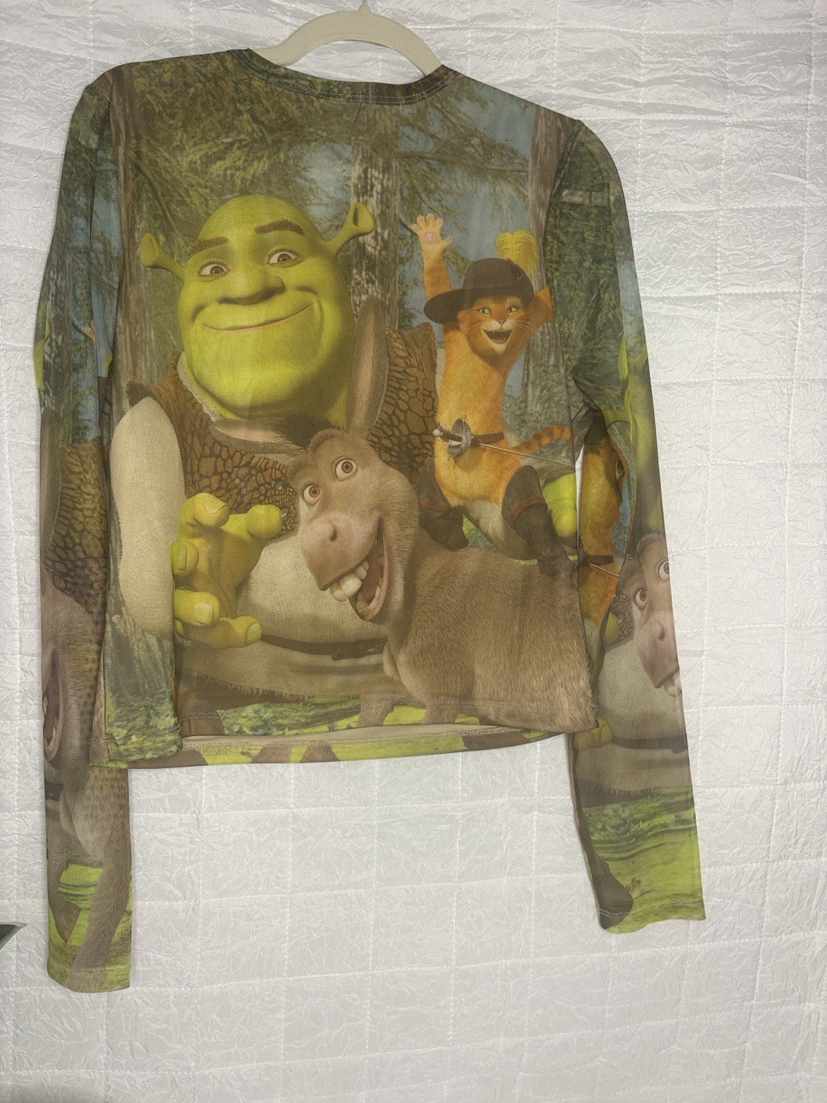 DreamWorks Shrek Sheer Mesh Cartoon Print Long Sleeve Women’s Top Multicolor M