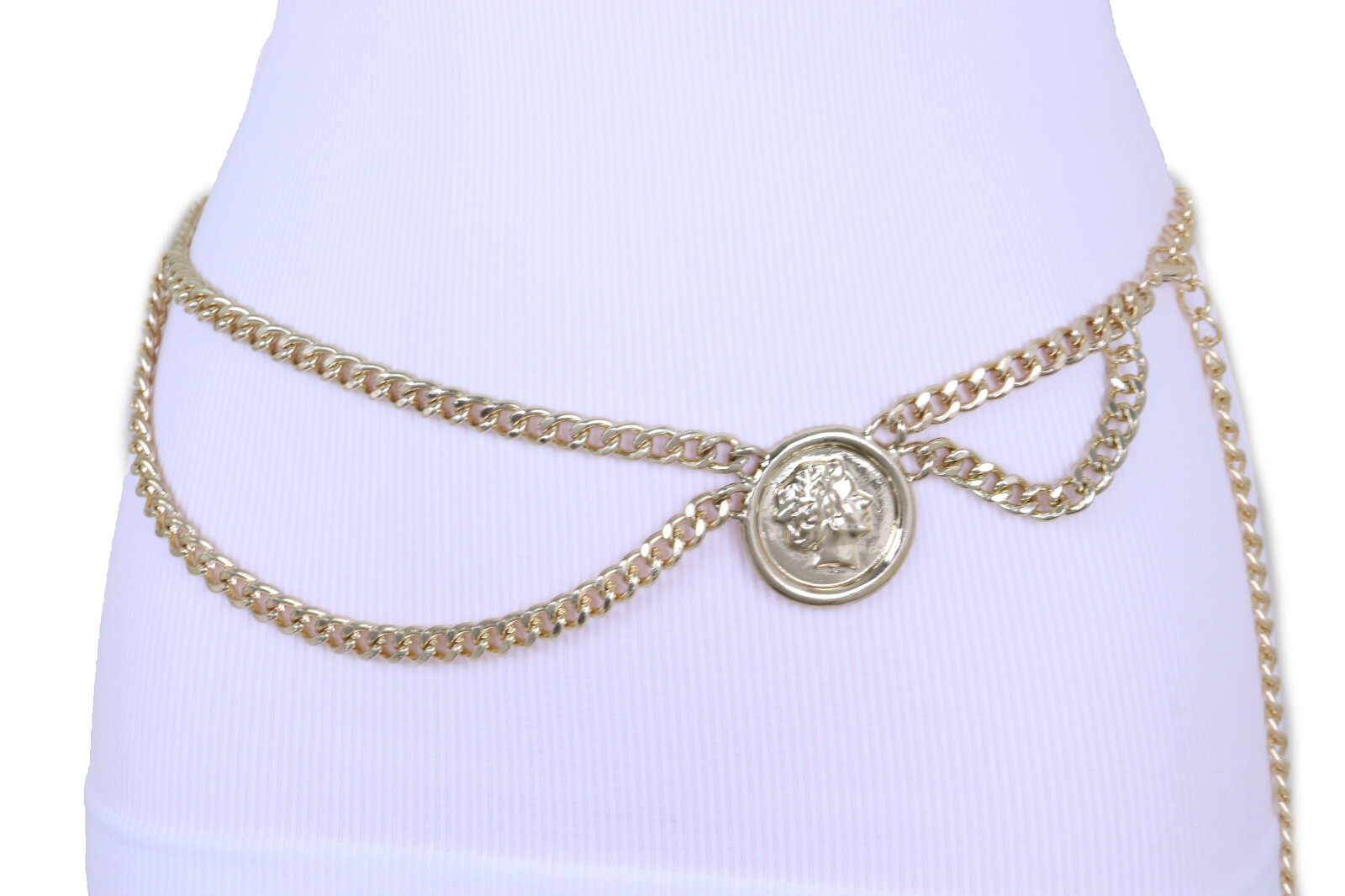 Women Dance Fashion Belt Gold Color Metal Chain Wave Coin High Waist Hip XS S M