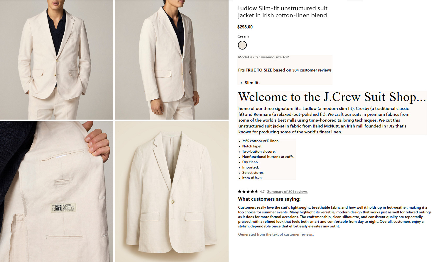 JCREW blazer Ludlow ivory cotton linen 42 off-white unlined suit jacket slim 42R