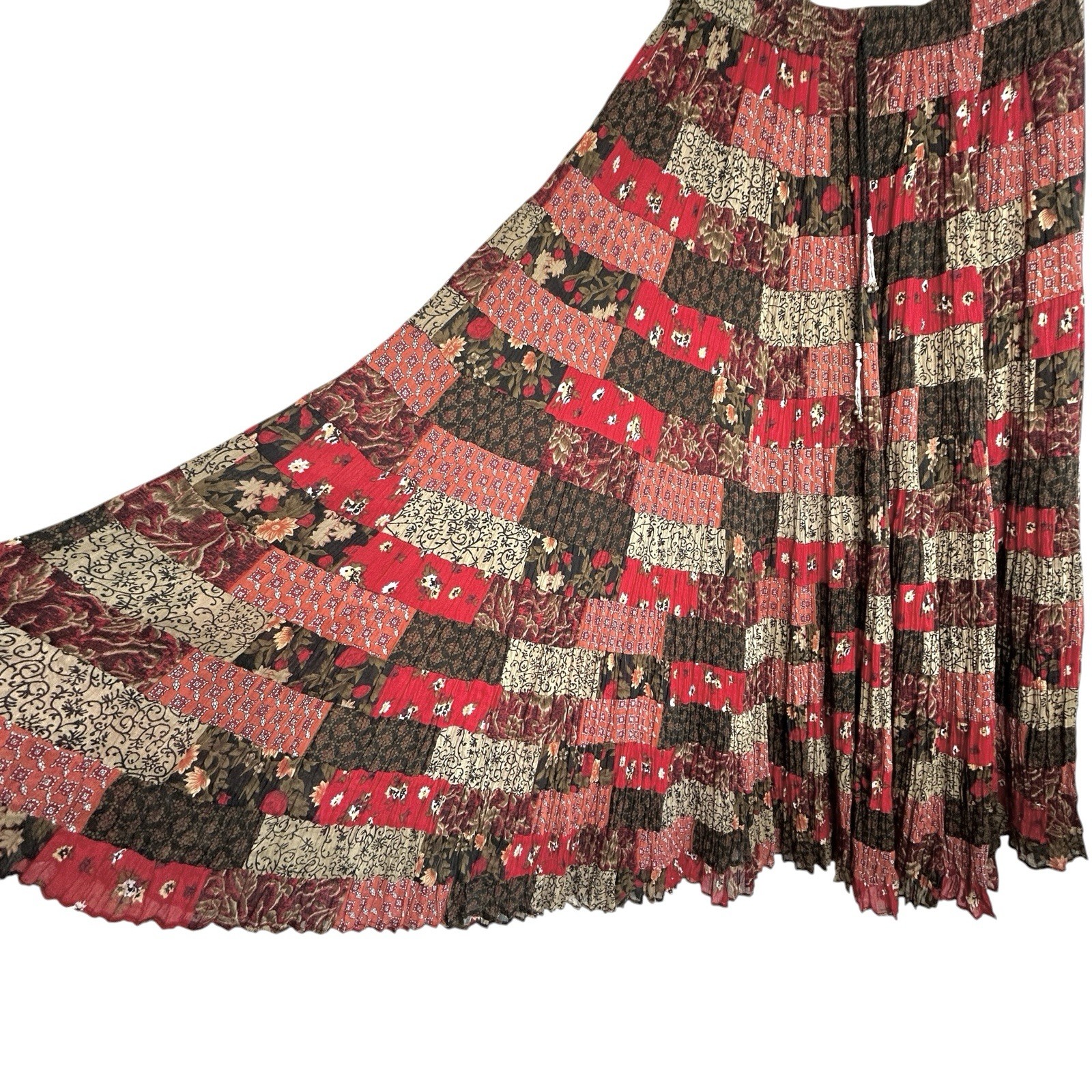 VTG Silver Stream Boho Patchwork Maxi Skirt O/S Festival Indie Sheer Floral Red