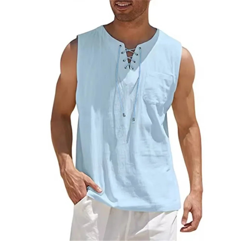 Men’s Cotton Linen Sleeveless Vest, Lace Up V Neck Tank Top, Casual Loose Shirt.