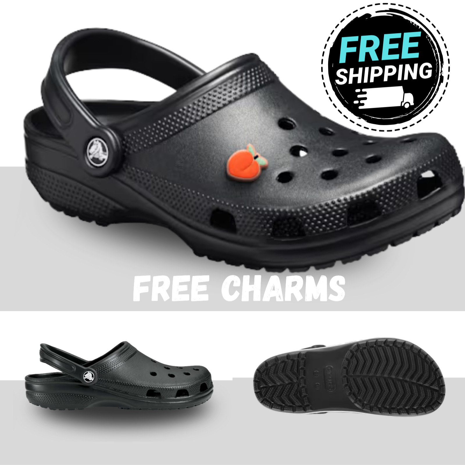 Crocs Classic Clog Unisex Black Sandals Slip-On Comfort Shoes with 4 Charms