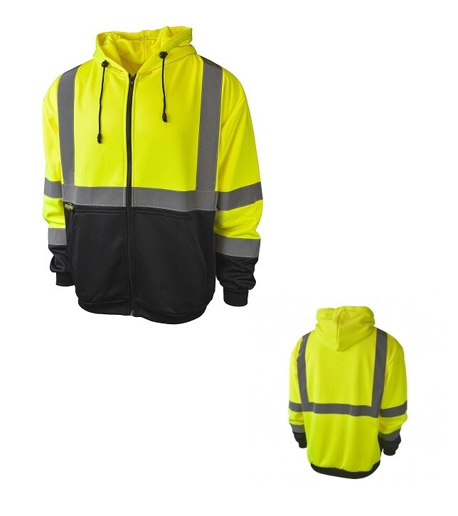 Hi Vis ANSI Class 3 Lime Safety Black Bottom Zip Up Fleece Hooded Sweatshirt