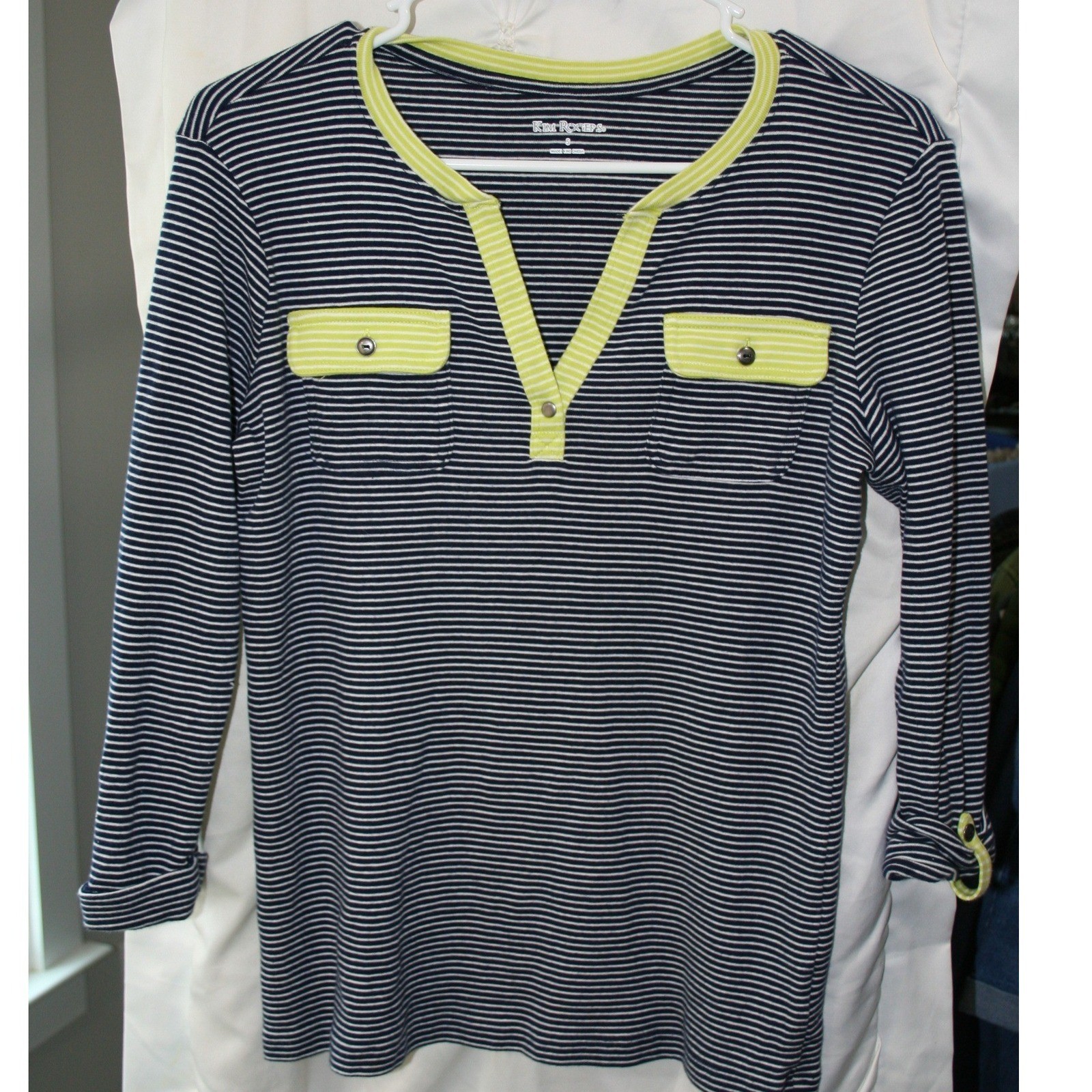 Kim Rogers Womens Navy White Striped Knit Top Lime Green Trim Small Split Neck