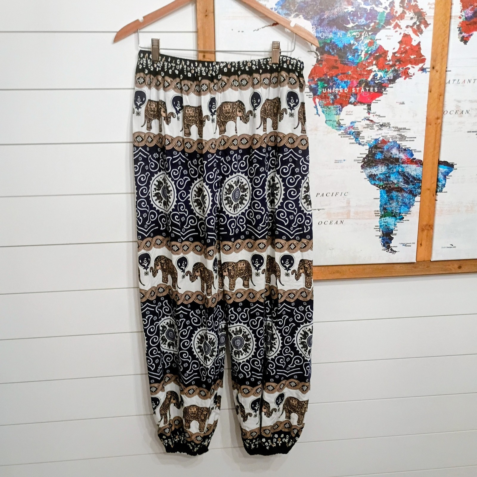 Women’s Navy Elephant Print Jogger Pants Drawstring Elastic Waist Rayon One Size