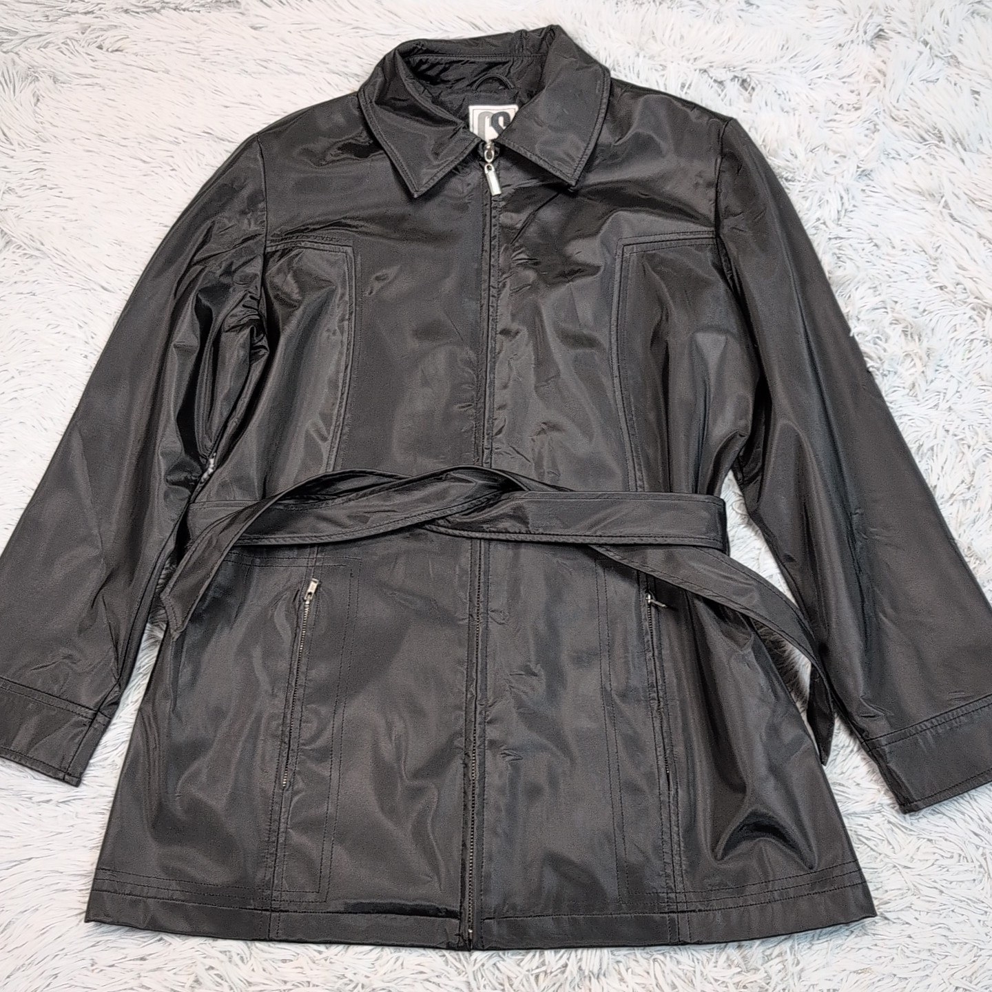 CS Signature Jacket Womens M Black Rain Coat Belted Zip Up Pockets Comfort