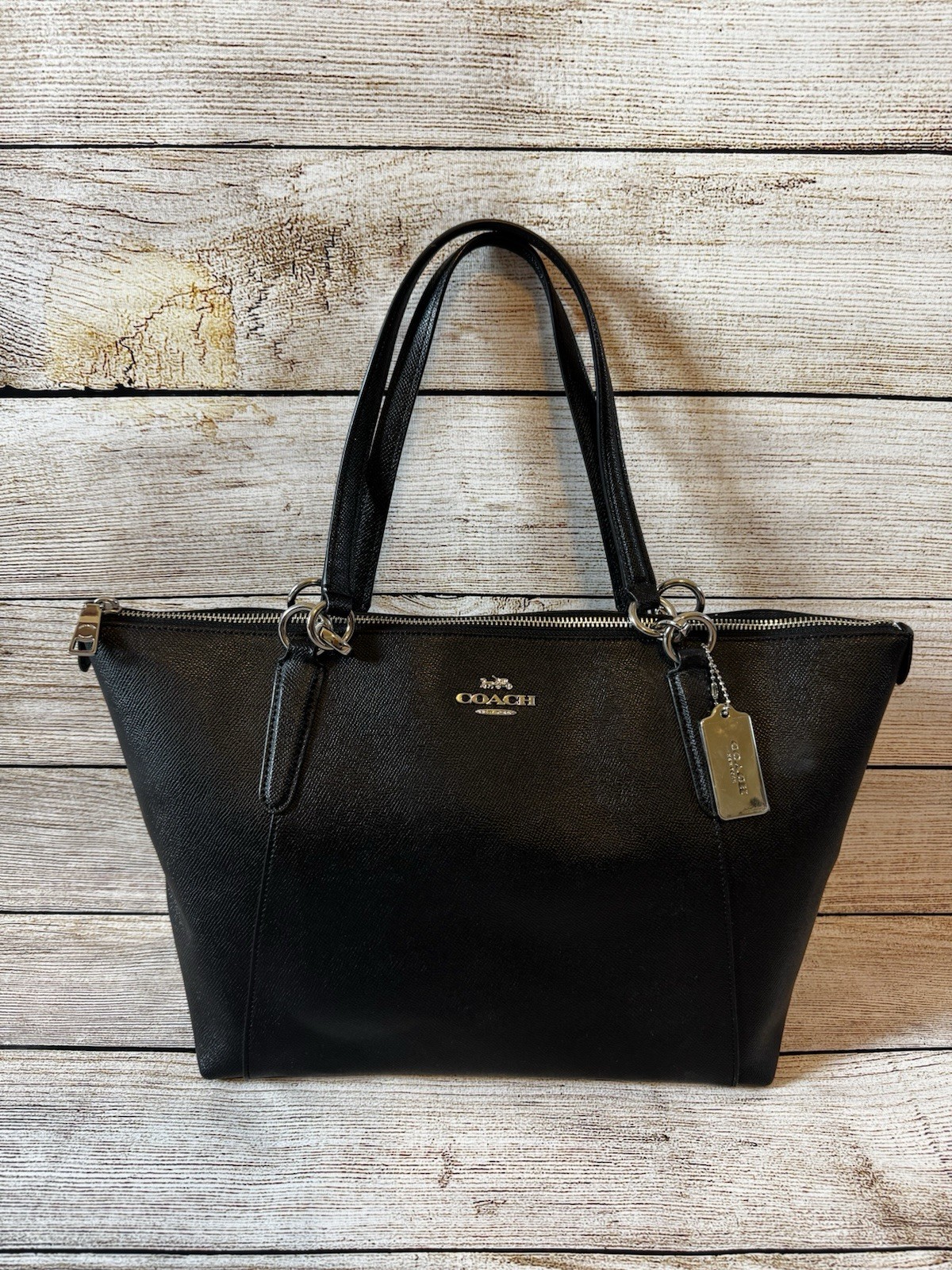 Coach Classic Ava Tote Bag Black Crossgrain Leather Zip Top Silver Hardware