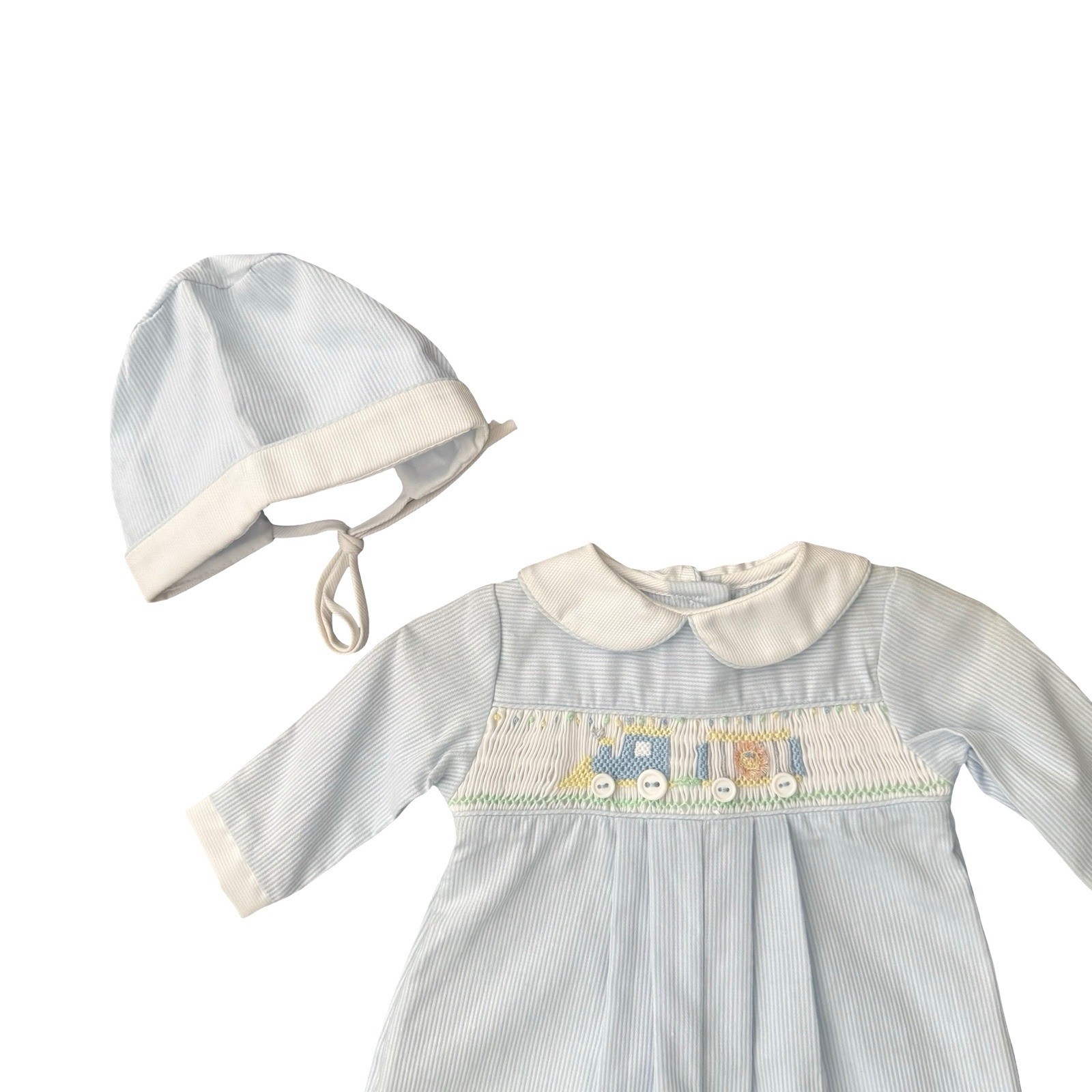 Petit Ami Smocked Train Romper Bonnet Set Blue White Stripe NWT Preemie Baby Boy