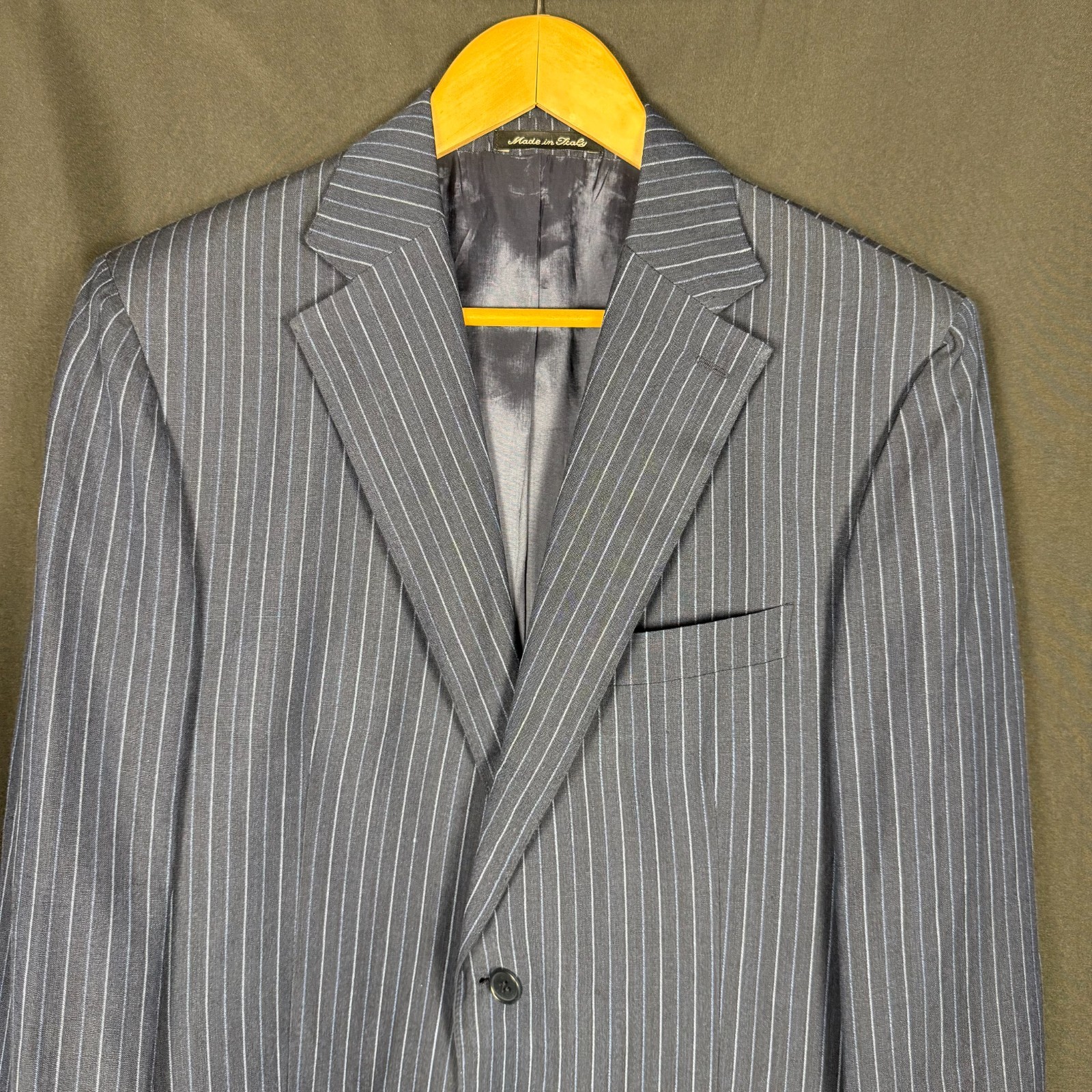 Faconnable Navy Pinstripe Wool Linen Blazer Sz 51 IT/41R Italy Summer
