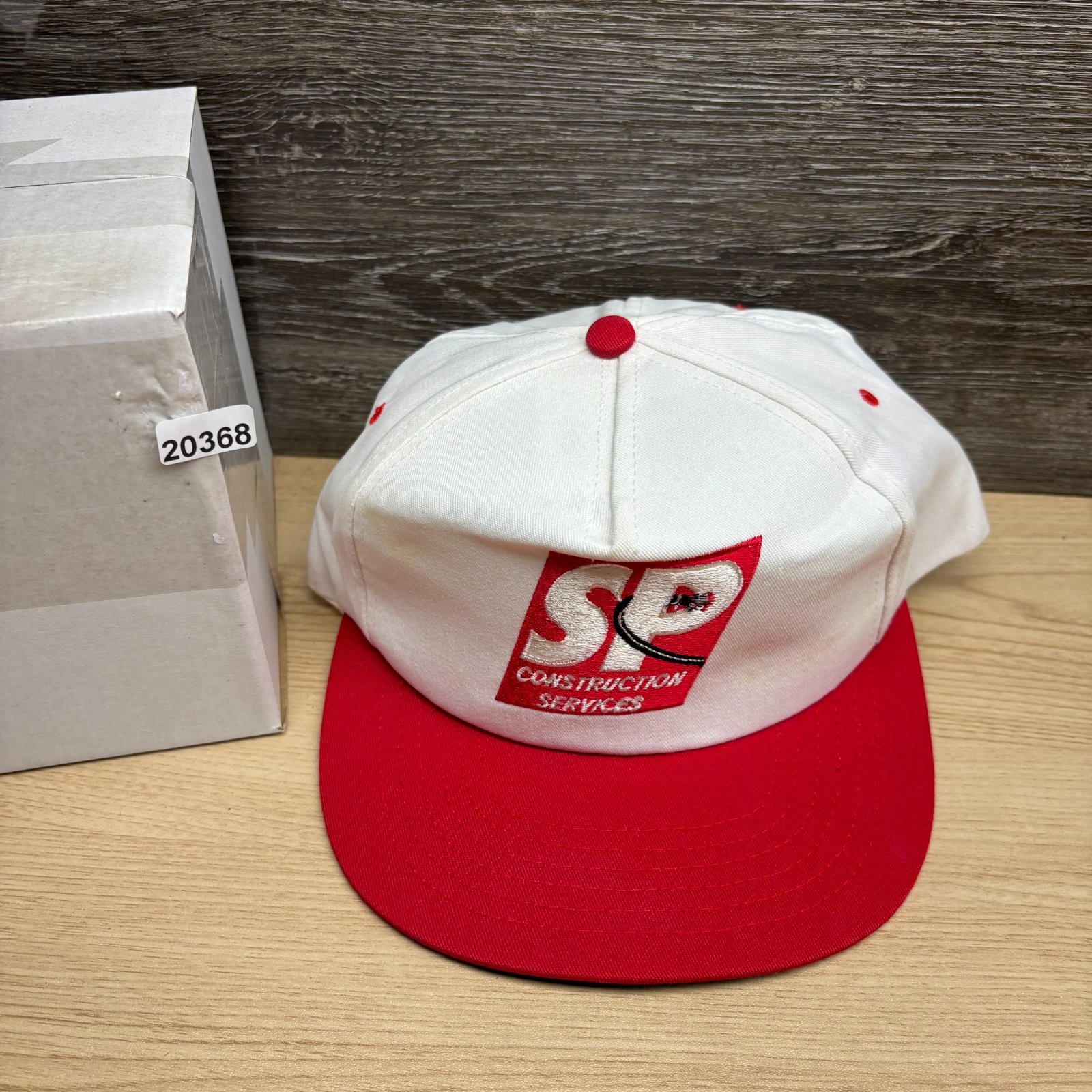 Vintage SP Construction Services Hat Cap Snap Back White Red Logo Promo VTG 90s