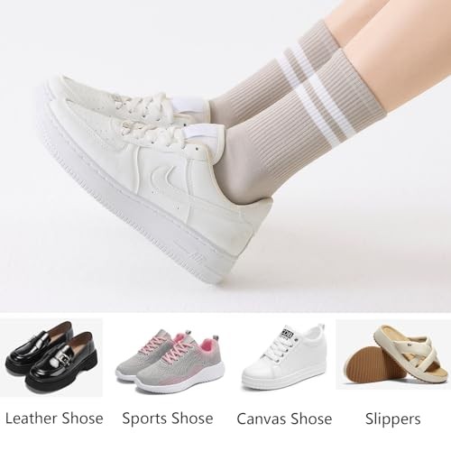 Womens Striped Crew Socks，Casual Long Athletic 4pairs-white Black Grey Khaki