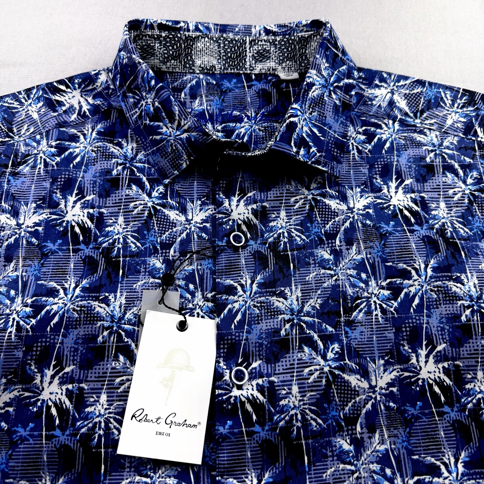 Robert Graham Geometric Floral Palm Tree Abstract Short Sleeve Shirt Blue 2XL