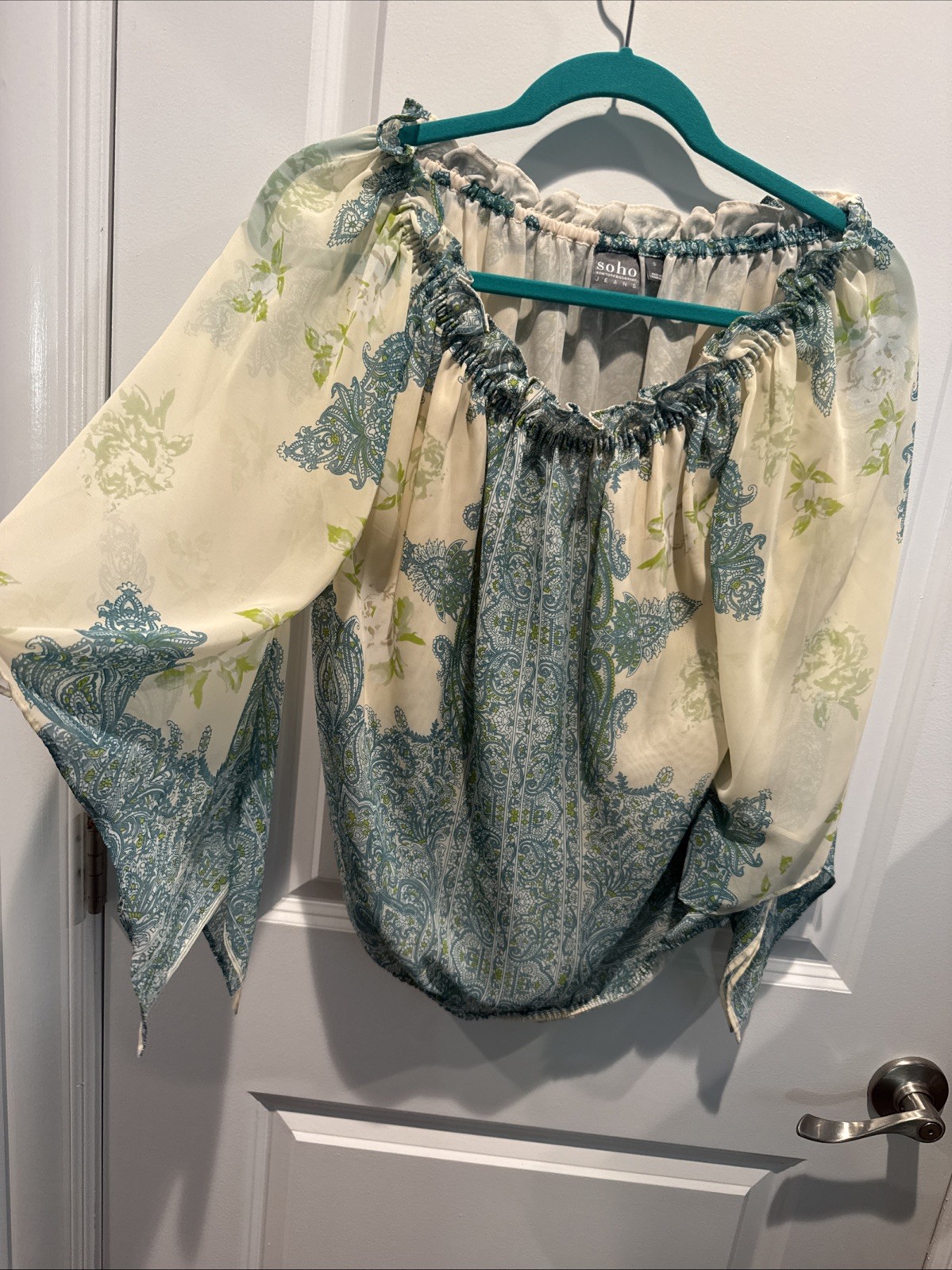 SOHO Jeans Boho Peasant Blouse Paisley Off Shoulder Batwing Lined Women’s S