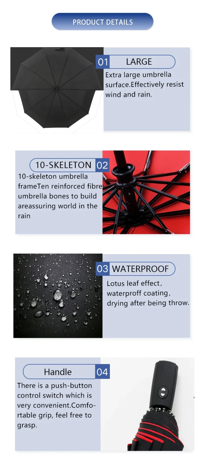Strong Windproof Compact Umbrella One Click Automatic Open 3 Fold Rain Travel