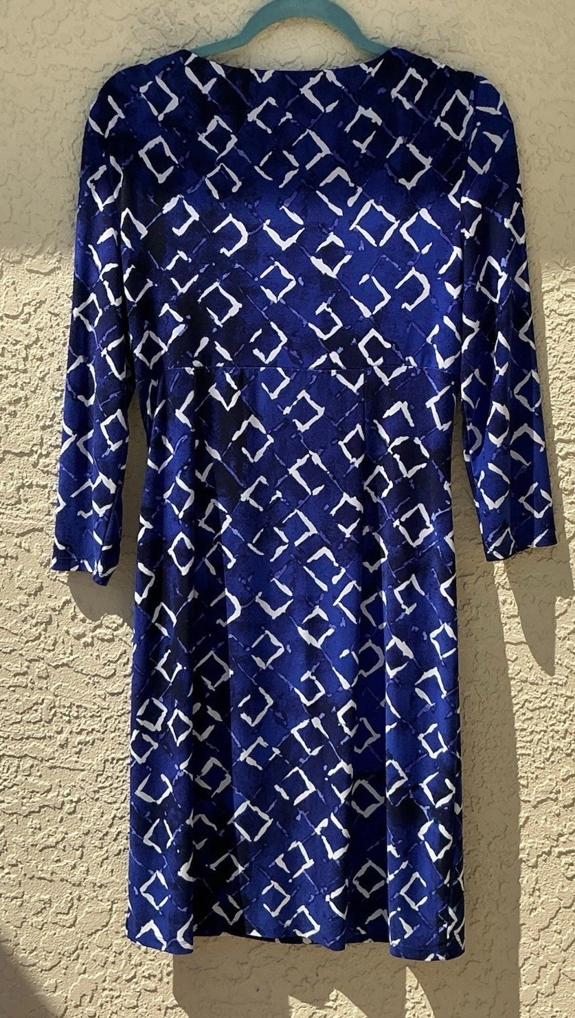 Lauren Ralph Lauren Blue White Geometric Faux Wrap Ruched Sheath Dress Size 8
