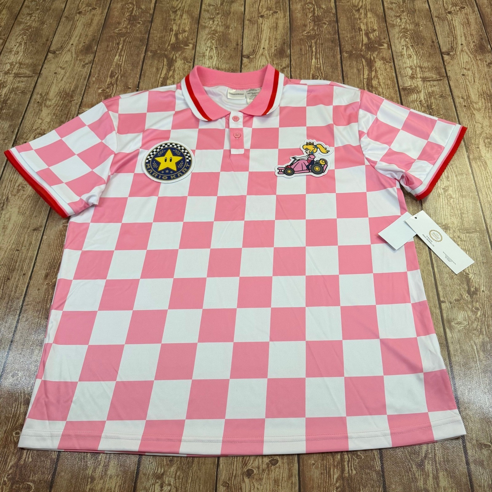 Nintendo Mario Kart Princess Peach Polo Shirt Mens Small Pink Checkered Patch