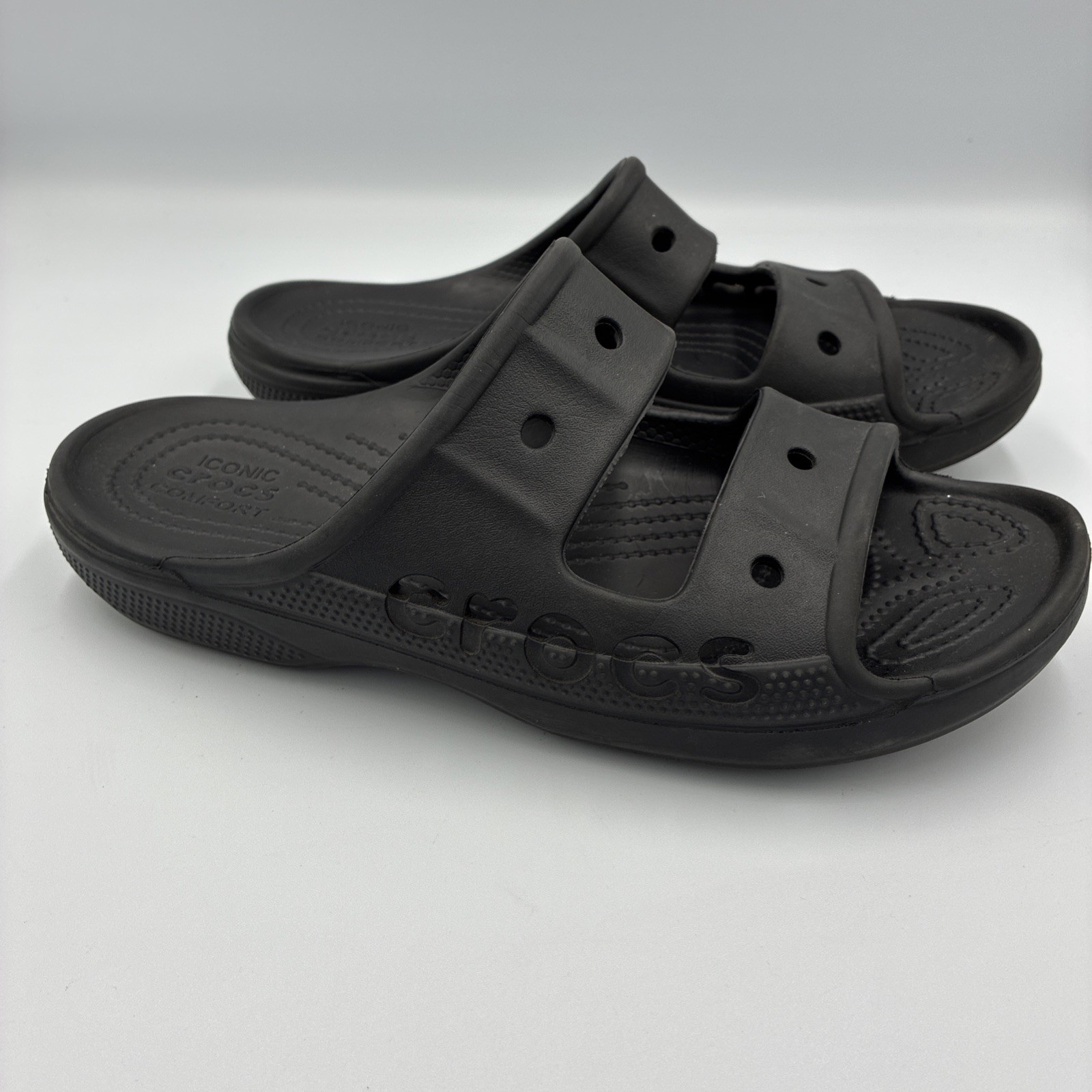 Crocs Baya Slide Sandals Unisex M7 W9 Black Comfort Double Strap Slip On EUC