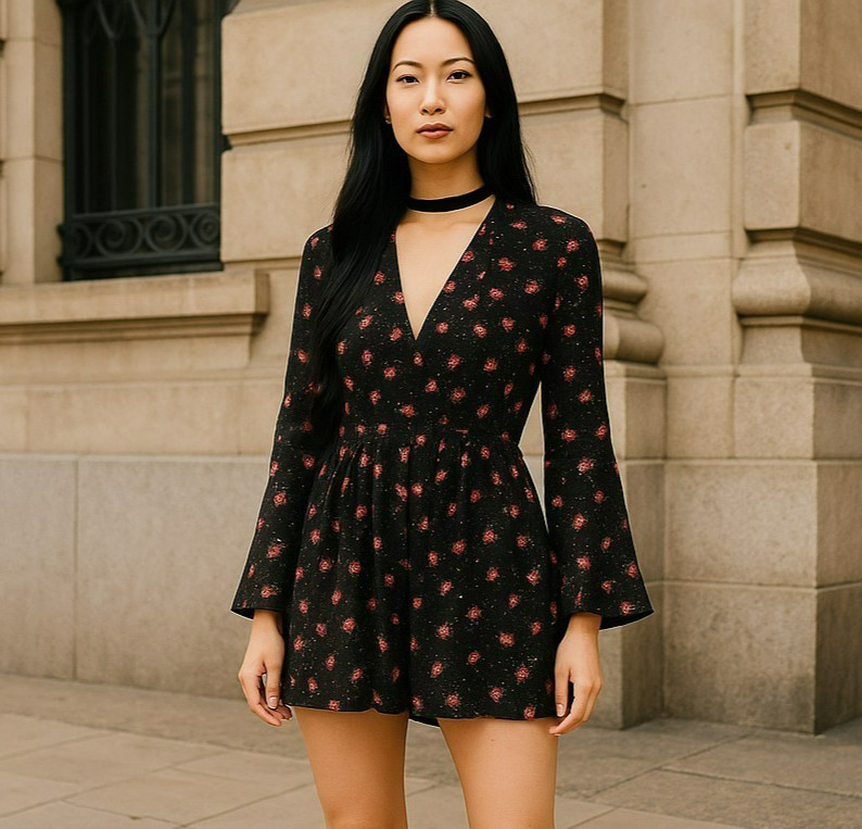 Free People Womens Size 2 Black Floral Long Bell Sleeve Tegan Mini Dress Keyhole