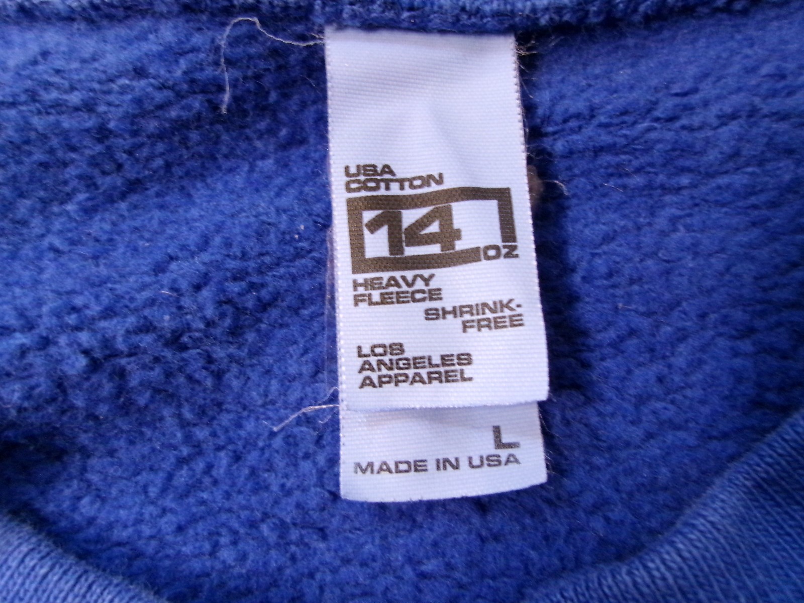 LOS ANGELES APPAREL 14 OZ HEAVY FLEECE SWEAT SHIRT LARGE BLANK BLUE USA MADE