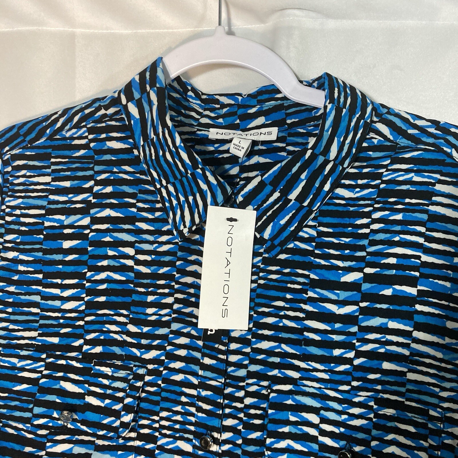 NOTATIONS white black blue button up roll tab sleeve top L