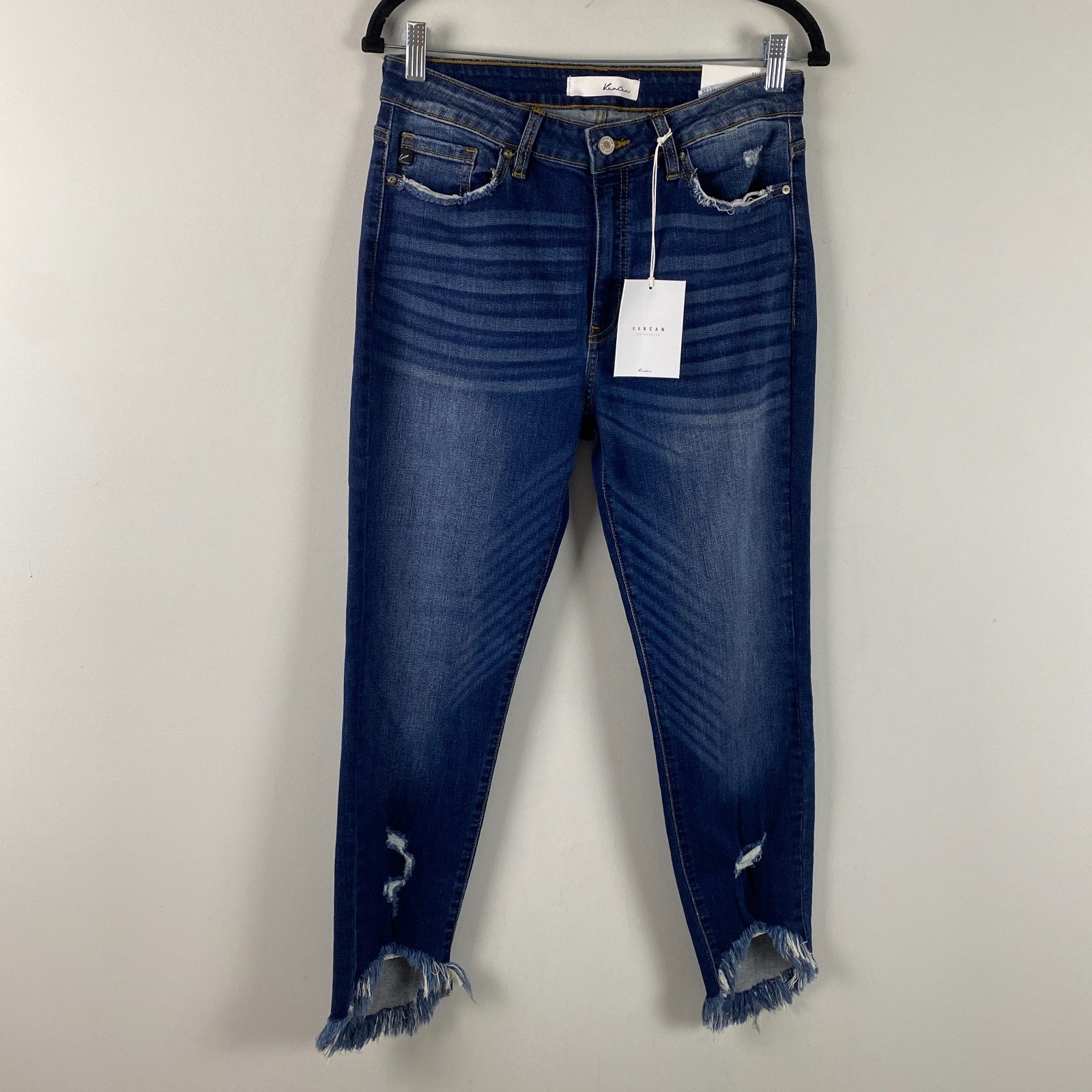 Kancan High Rise Ankle Skinny Jeans Size 29 Dark Wash Distressed Fray Hem