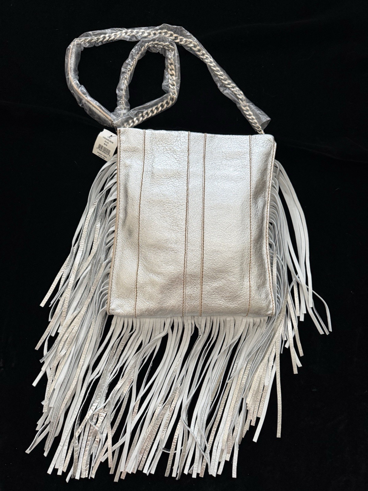 $475 RAMY BROOK Leather Silver Lame’ Large Sachel Messenger Bag Fringe Purse