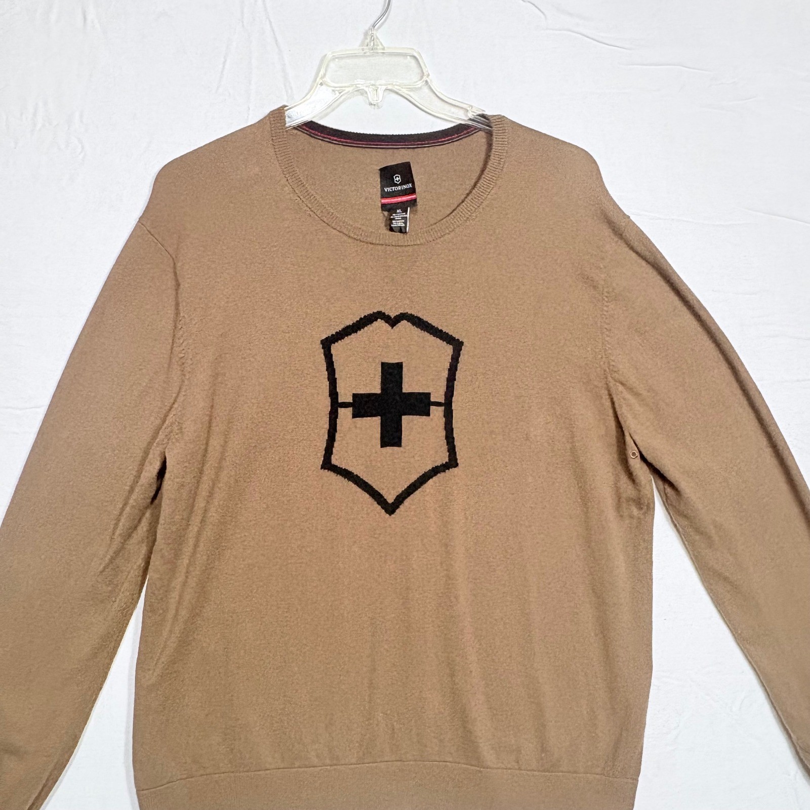 Victorinox Crew Neck Sweater Mens XL Brown Swiss Army Shield Logo Cotton Wool