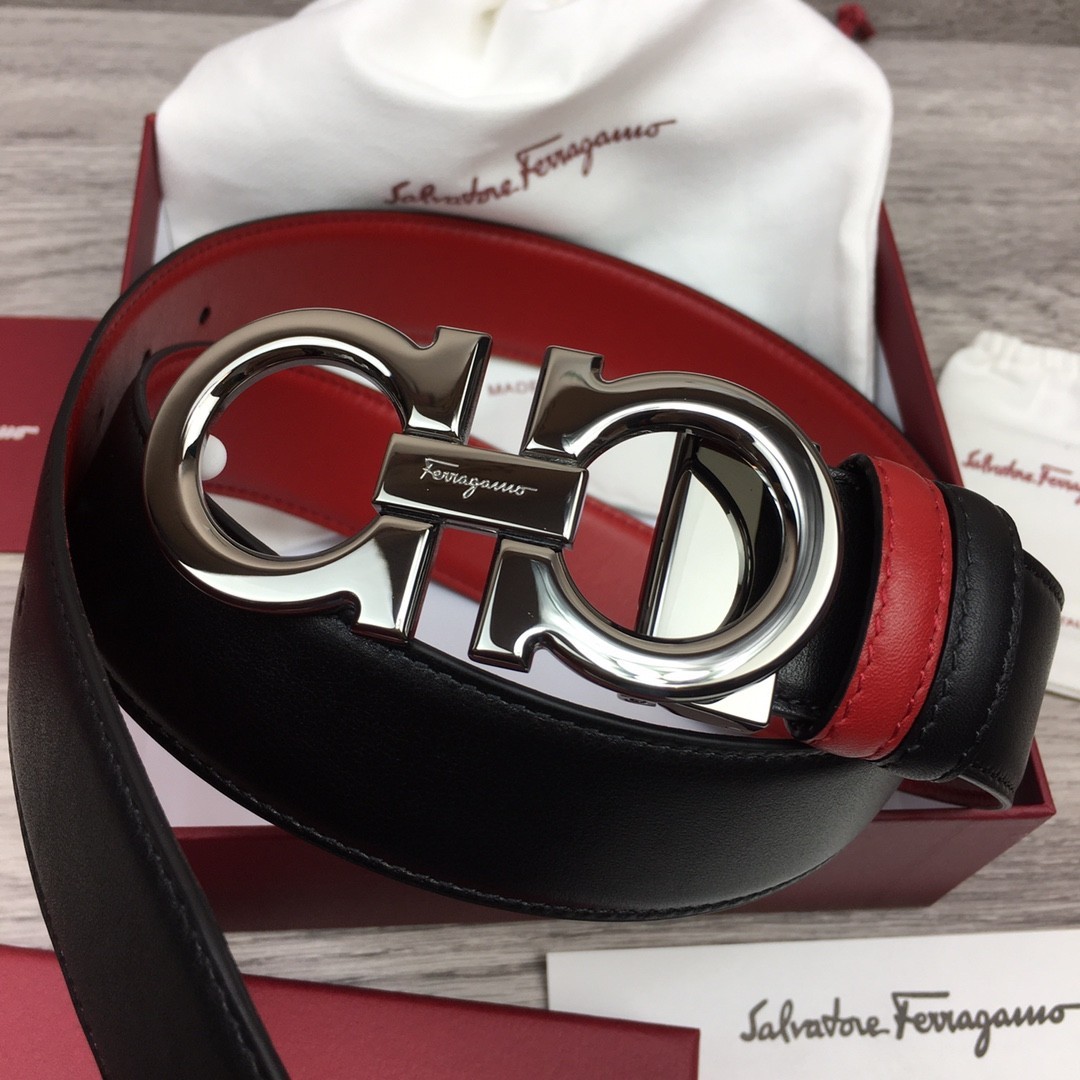 NWT Authentic Ferragamo Belt width 3.5cm/1.37inch Black / Red Reversible