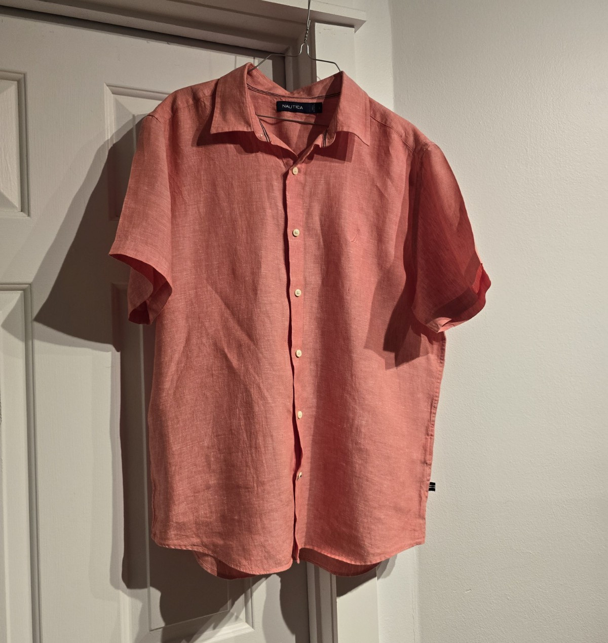 Nautica Men’s Linen Button-Up Shirt Pink L Solid Short Sleeve Point Collar