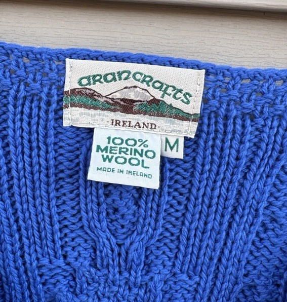 Aran Crafts Wool Irish Cardigan Cable Knit Sweater Blue Women’s Large