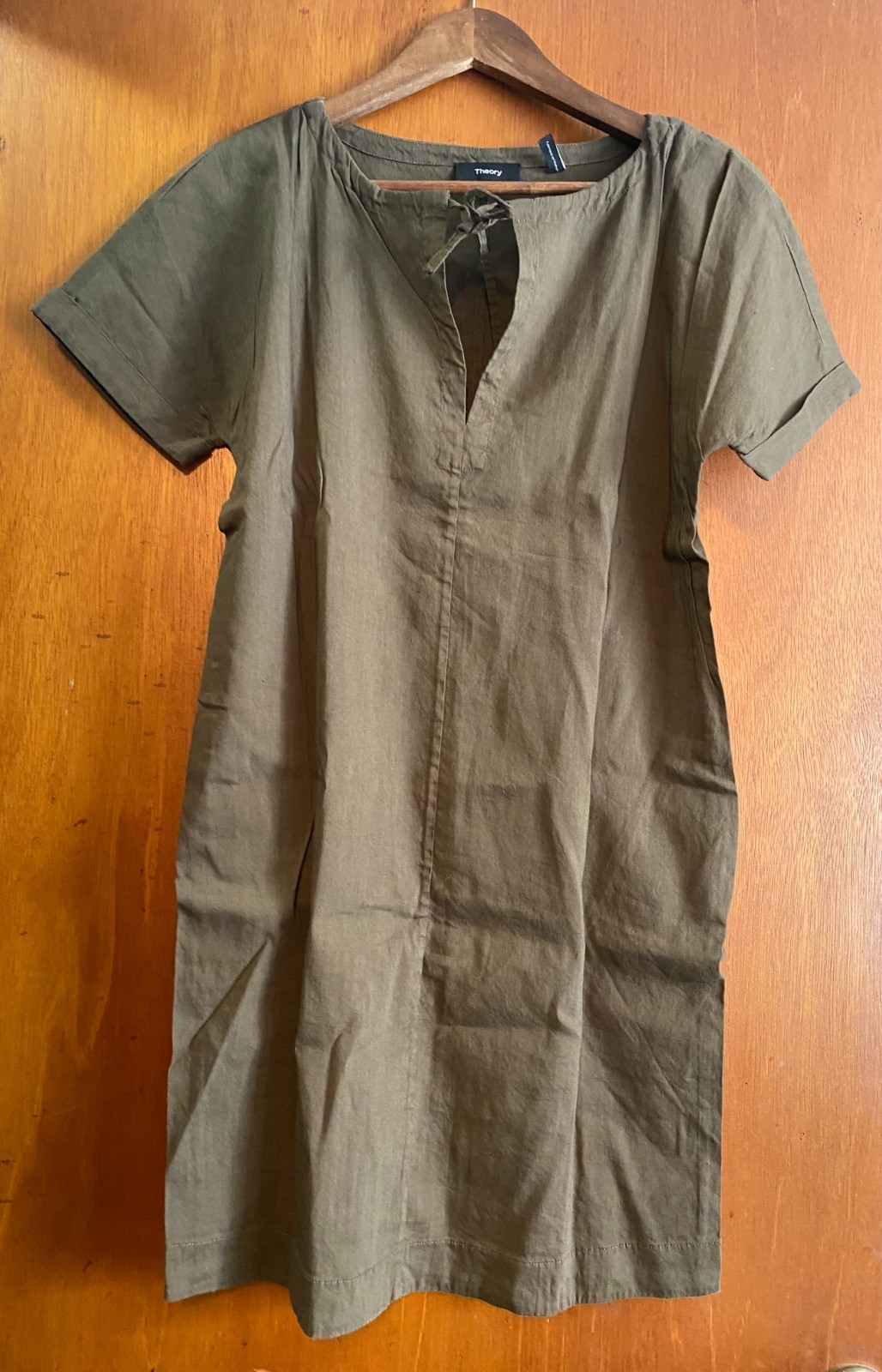 Theory Slit Front Linen Blend Shift Dress 4 Brown/Olive Green Pullover
