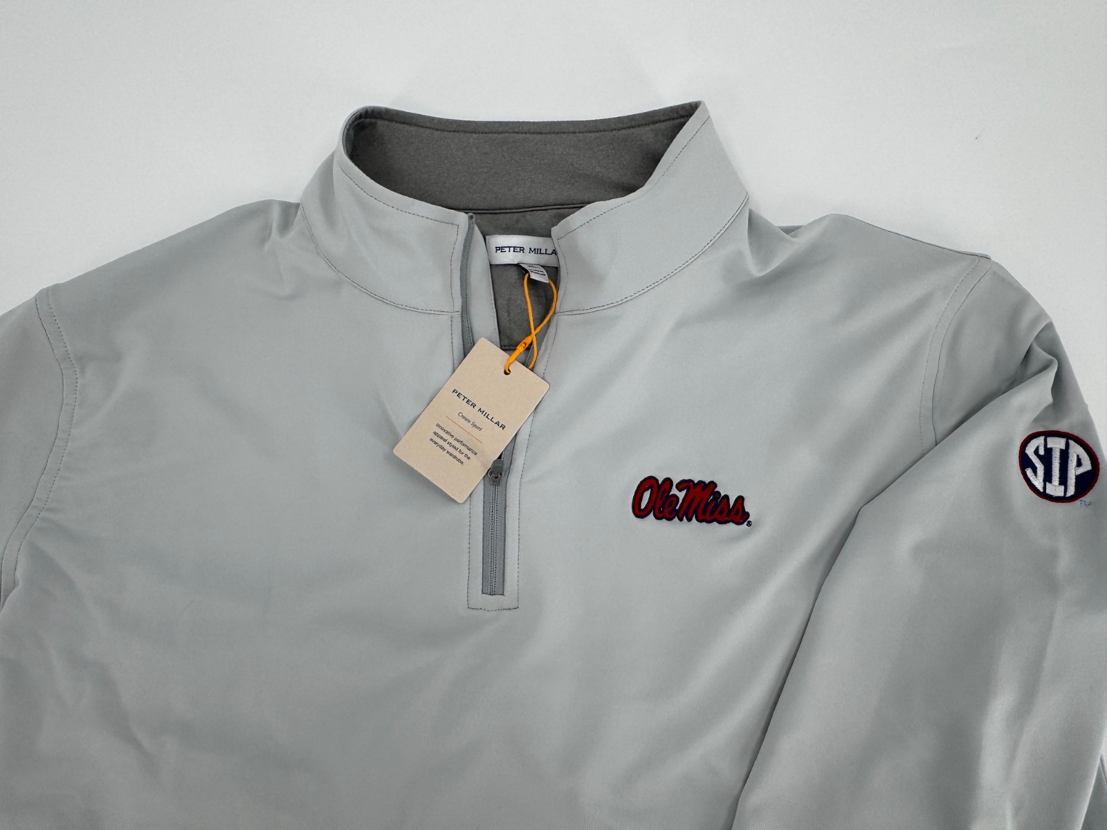 SIP EMBROIDERED SLEEVE! Peter Millar Ole Miss British Grey Quarter-Zip! XL- NWT