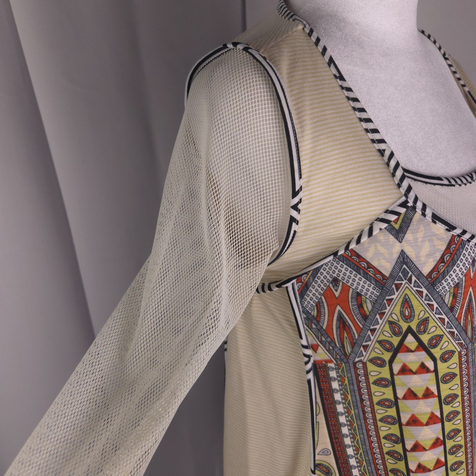 Womens Top Small Boho Tribal Print Mesh Tunic Handkerchief Hem Artsy Festival