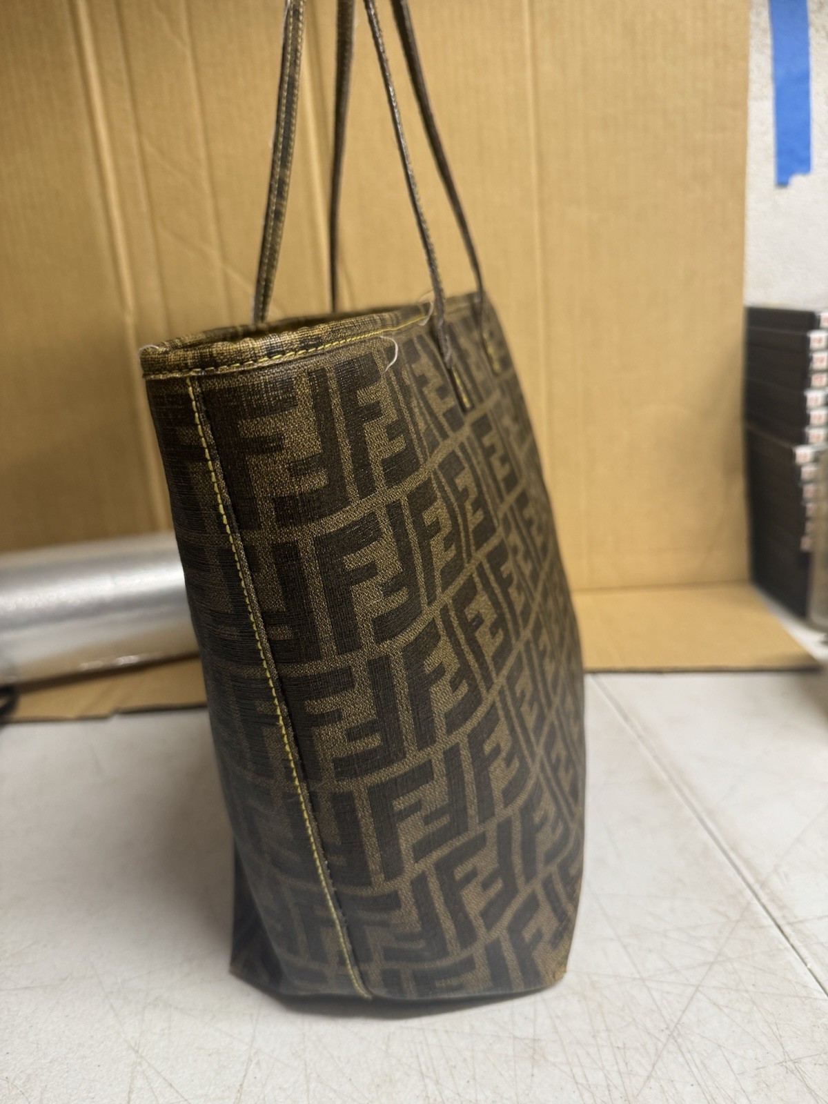 Fendi Zucca FF Roll Tote Bag Brown Canvas Leather Large Authentic 8BH185
