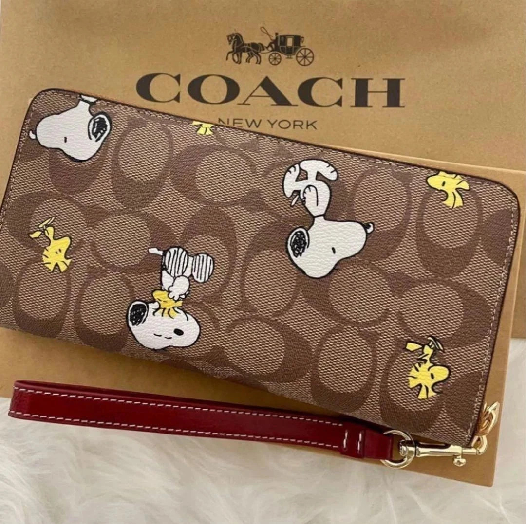 COACH x PEANUTS Long Zip around Wallet Snoopy Woodstock Khaki Signature CE705!!