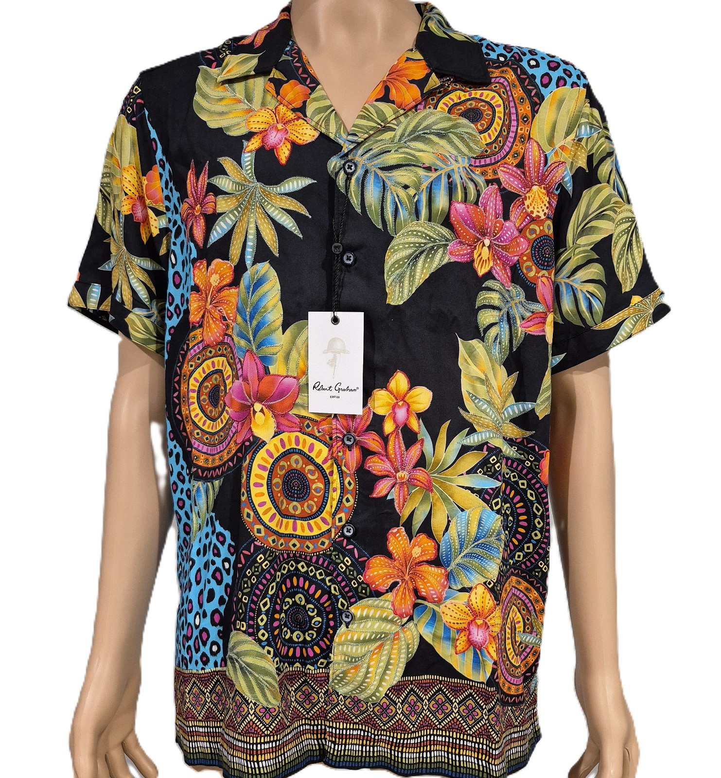 NWT $298 ROBERT GRAHAM BURMA HAWAIIAN SHORT BLACK FLORAL EMBROIDERY L