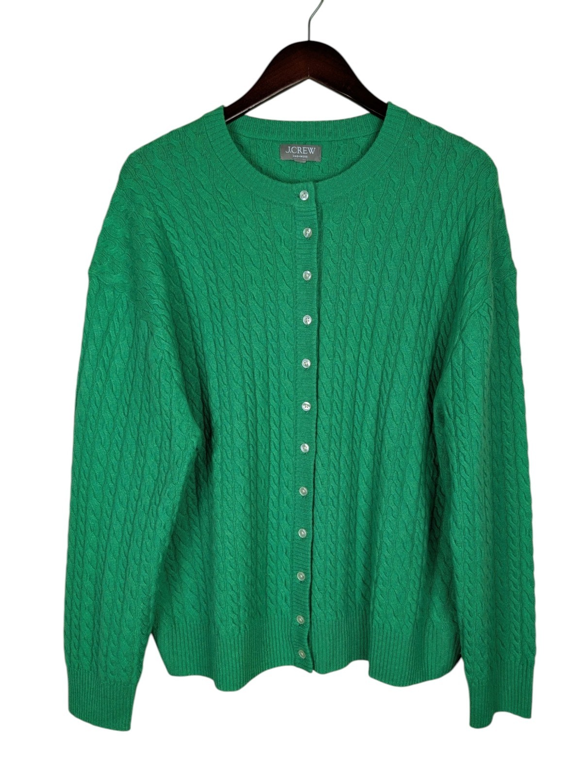 J Crew Green 100% Cashmere Cable Knit Button Cardigan Sweater Size 3X SP26