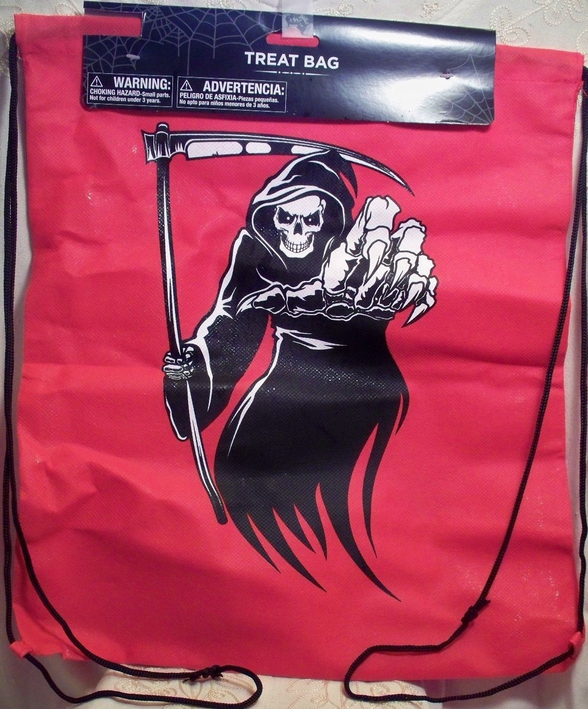 Halloween Trick or Treat Bag Drawstring Backpack Grim Reaper Scythe Skull Red