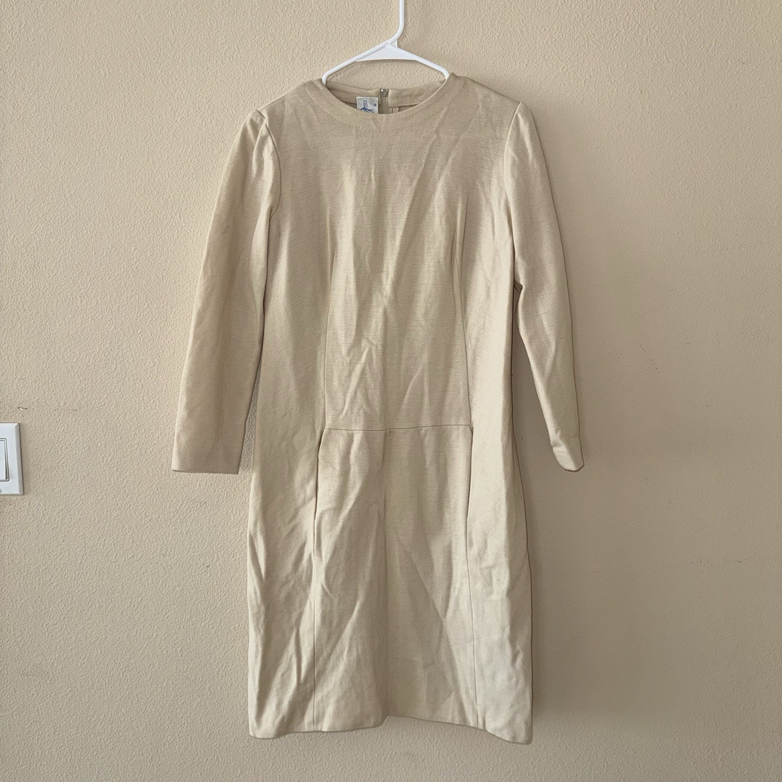 Vtg 60s Promenade Ltd Virgin Wool Shift Dress Beige Italy 10 Back Zip