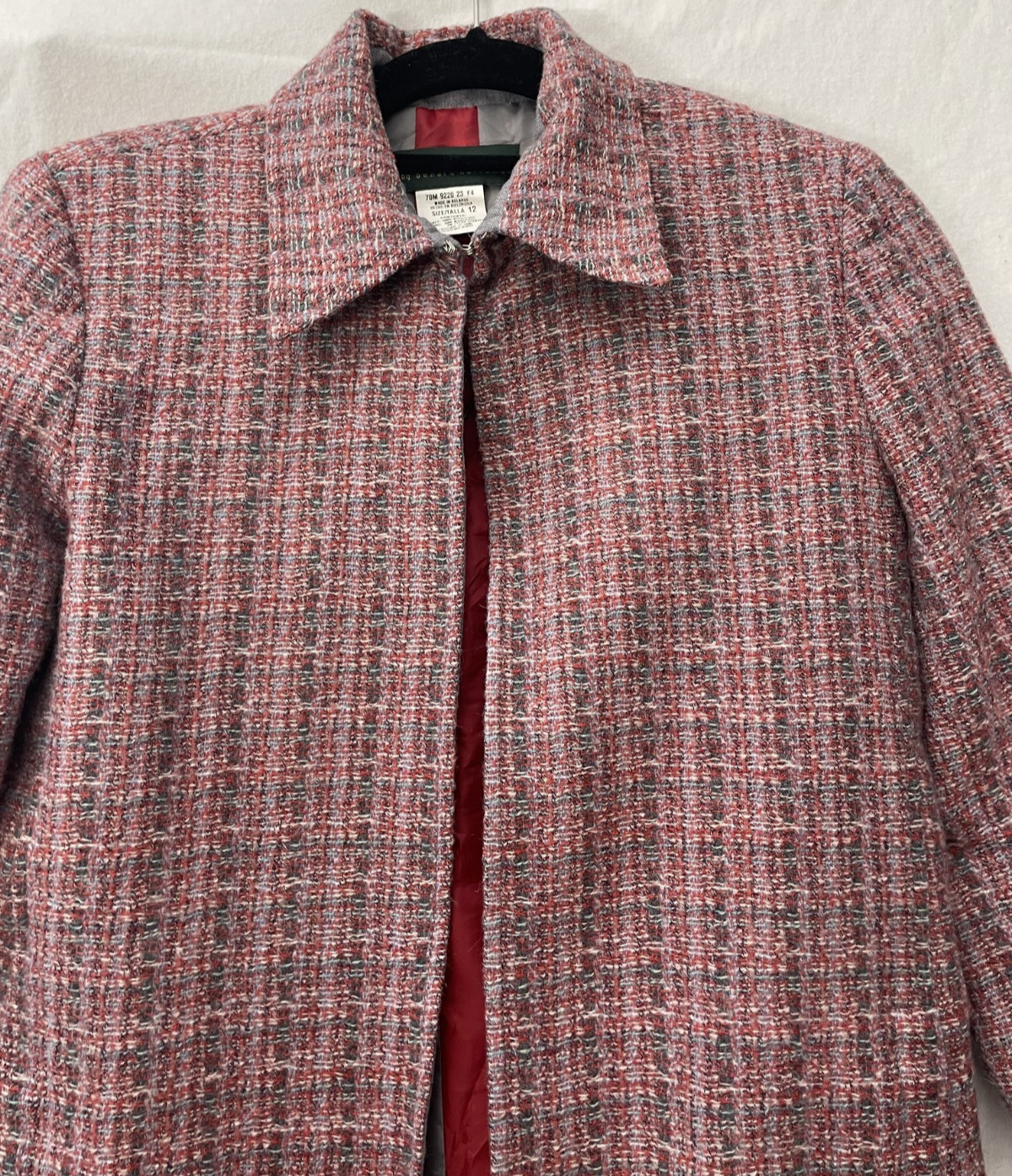 Harvé Benard Women’s 100% Wool Red Gray Plaid Long Coat Jacket Size 12